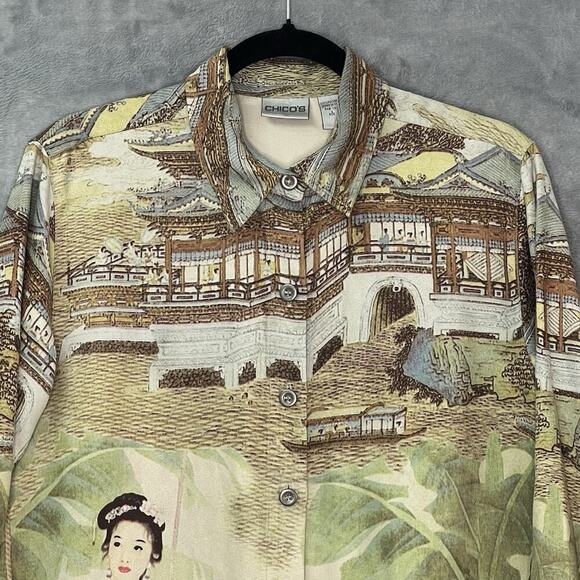 Chicos Womens Sz M Blouse Shirt Oriental Asian Women Geisha All Over Print Uniq - Picture 3 of 12